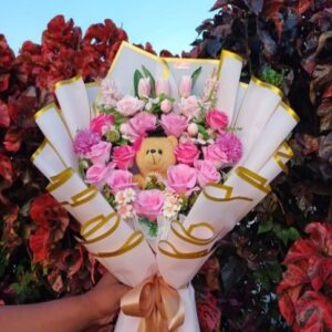 Buket Boneka Teddy Putih Pink XXL | Buket Simple & Elegan | Pure Love Teddy