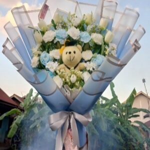 Buket Boneka Teddy Biru Putih XXL | Buket Clean & Elegan | Cloud Teddy Bloom