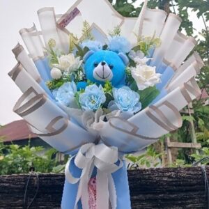 Buket Boneka Teddy Biru Aesthetic XL | Buket Kalem & Unik | Sky Teddy Bloom