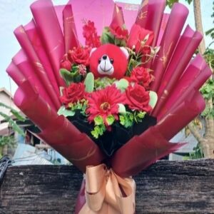 Buket Boneka Teddy Merah Bold XL | Buket Romantis & Spesial | Red Teddy Surprise