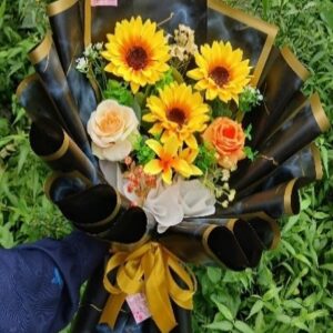 Buket Bunga Matahari Premium Hitam Gold XL | Buket Elegan & Mewah | Buket Sunflower Luxe